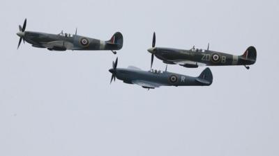 Spitfires fly as they take part in a commemoration day of the Battle of Britain, at Biggin Hill airport in Kent