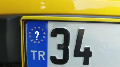 BBC graphic of Turkish car number plate with EU question mark