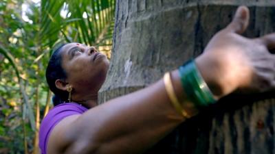 woman hugging a tree