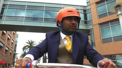 BBC Media editor Amol Rajan tours the Google campus on a bicycle.