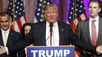 Republican presidential candidate Donald Trump speaks to supporters at his primary election night event at his Mar-a-Lago Club in Palm Beach, Fla., Tuesday, March 15, 2016.