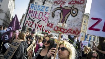 People demonstrate in Krakow, Poland