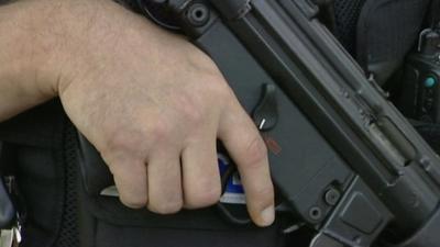 Police officer's hand holding a gun