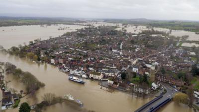 Flood water continues to surround Upton-upon-Severn, Worcestershire, in the aftermath of Storm Dennis