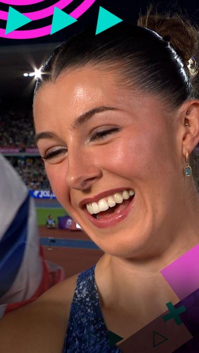 Amy Hunt with a big smile in a post-race interview with BBC Sport at the European Athletics Championships