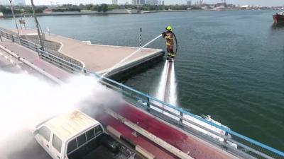 Check out these high flying firefighters using water powered jet packs to rise the challenge of tackling fires in Dubai.