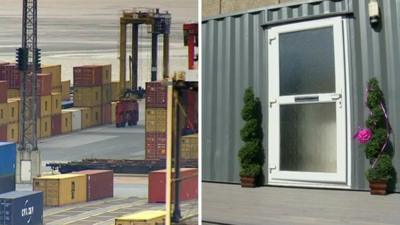 Shipping containers at Newport dock and one which has been turned into a flat