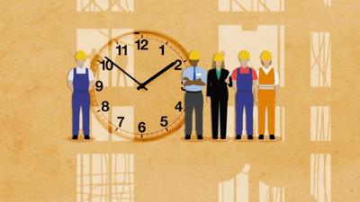 Graphic of workers and a big clock