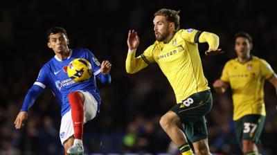 Sam Smith of Wrexham (R) battles for possession with Andre Dozzell of Portsmouth 