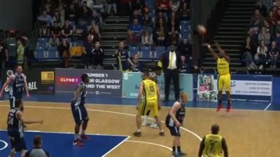 Brandon Hogg lands a three pointer for Sheffield Sharks