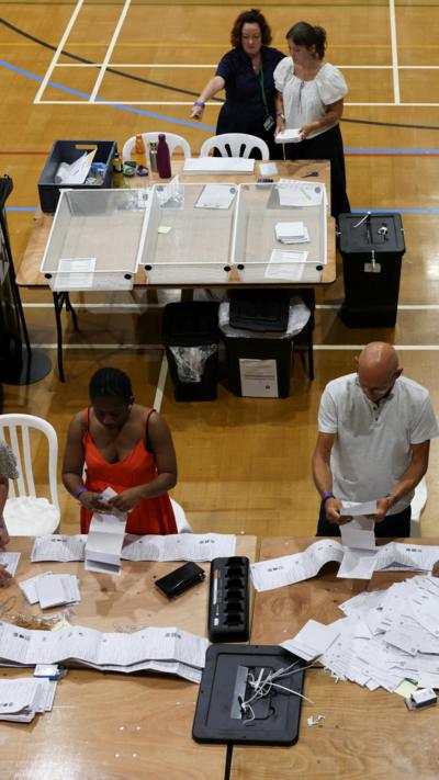 Election workers sort out ballots during the vote counting for the Clacton by-election