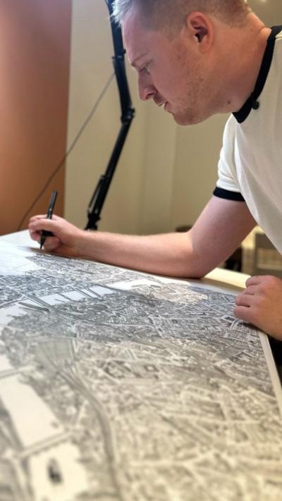 A black and white pen drawing of central London.