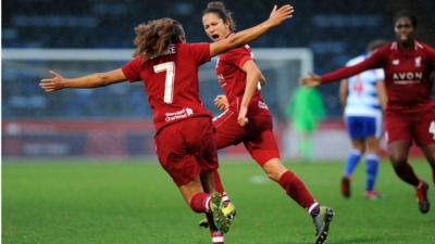 Courtney Sweetman-Kirk of Liverpool celebrates with teammate Jessica Clarke