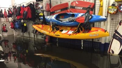 Flood waters inside a business at Kinnego Marina on the shore of Lough Neagh