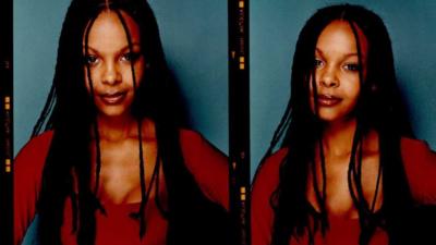 Colour film photographs of a young woman with long braided brown hair and a red top, against a blue backdrop