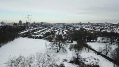 Drone footage of Coventry under a blanket of snow.