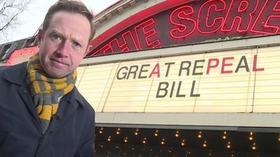 Adam Fleming with cinema sign