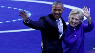Barack Obama and Hillary Clinton at the Democratic National Convention in Philadelphia, Pennsylvania, US 27 July 2016.