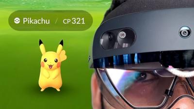 A composition image of Niantic’s Pokémon GO game and a man wearing a Microsoft Hololens 2