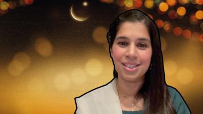 Dr Mehreen Tahir in front of a Ramadan graphic