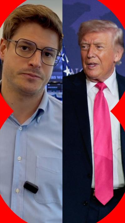 Split-screen showing BBC reporter Nick Marsh on the left and Donald Trump on the right