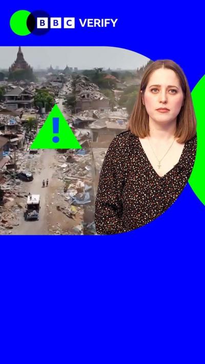 The image shows an AI-generated image which is an aerial view of destroyed buildings, claimed to be the from aftermath of the earthquake in Myanmar. There are several tall temples and palm trees along the landscape. In front is a road with damaged buildings and debris scattered around. On the top left corner is the BBC Verify blue logo and on the right is a red label that reads AI-generated. In the middle of the picture is the headline: Earthquake video proven FAKE gets millions of views.