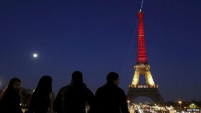 The Eiffel Tower lit up with the Belgian flag in tribute to the victims of the Brussels bomb attacks. Paris, France, 22 March 2016.