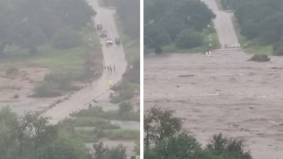  A split screen image of a road before and after flooding. One side is submerged