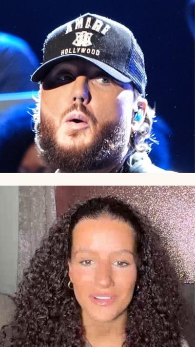 The screen is split into two with a white border, with an image either side on the top and bottom. The top image shows a white man in his 30s with a brown, bushy beard, a brown mustache and brown curly hair, which is mostly hidden under a black baseball cap which has white lettering and reads 'Amiri, Hollywood'. It also has a white crest in the centre. The cap is casting a slide shadow over his right eye, as he is lit up by a bright light. Behind him, the background is blue, and there are people behind him, though they are not in focus. The image on the bottom shows a young girl in her 20s with dark brown hair in a slick back ponytail, with tight curls flowing either side of her head. She has makeup on, and is sat in front of pink glittery wallpaper and a velvet curtain. She is looking directly at the camera, with the quality indicating that she is on a video call. 