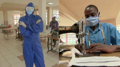 Split screen man in a PPE suit and the other making a face mask