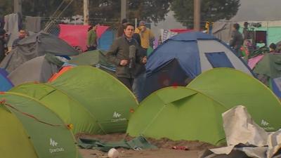 The BBC's Gavin Lee at migrant camp