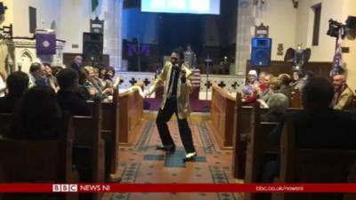 Elvis impersonator Andy Rogers in action