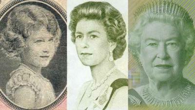 A compilation of currency portraits of Queen Elizabeth II