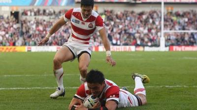 Japan score a try against South Africa in the Rugby World Cup