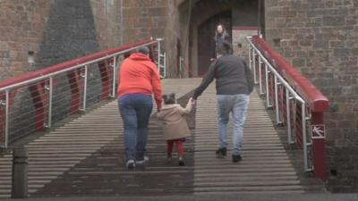 Stephanie, Clair and Poppy walk into Castell Coch