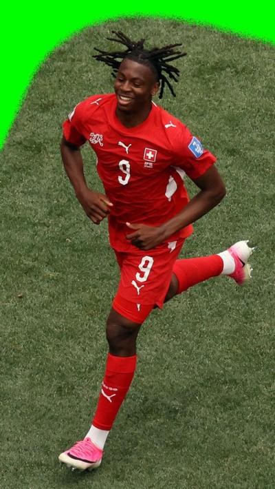 Johan Manzambi celebrates scoring for Switzerland against Bosnia-Herzegovina in the 2026 World Cup