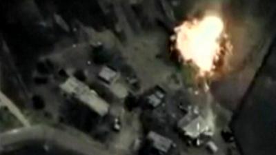 Still from cockpit footage that purports to show airstrikes being carried out in Syria.