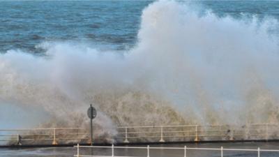 Waves crash high over Aberystwyth seafront on Monday