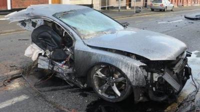 Front end of wrecked car