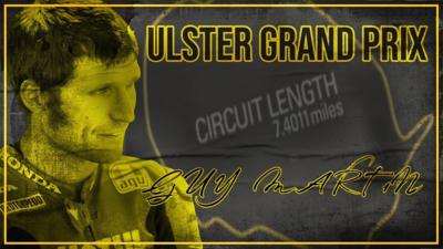 Guy Martin against a backdrop of the Ulster Grand Prix circuit map.