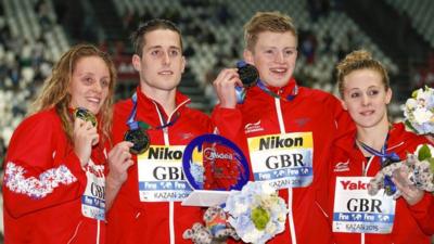 Fran Halsall, Chris Walker-Hebborn, Adam Peaty, and Siobhan Marie O"Connor of Great Britain