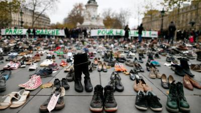 Thousands of pairs of shoes are displayed at Place de la Republique in, Paris, France, 29 November 2015