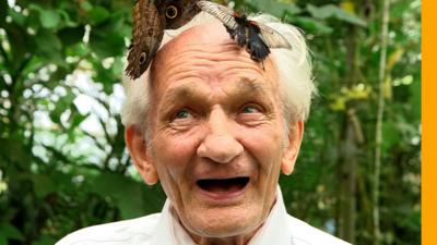 man with butterfly on his head