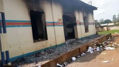 Burned building in Beni, the Democratic Republic of Congo