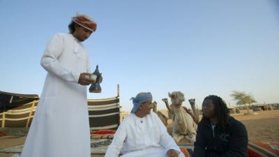 BBC Travel Show's Ade Adepitan in a Bedouin camp in Oman