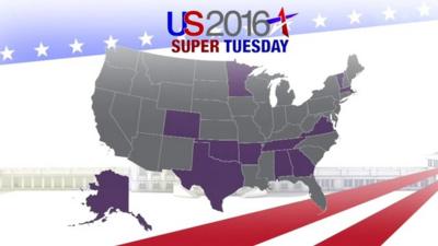 Graphic map of US saying US 2016 SUPER TUESDAY