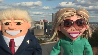 Felt dolls of Donald Trump and Hillary Clinton