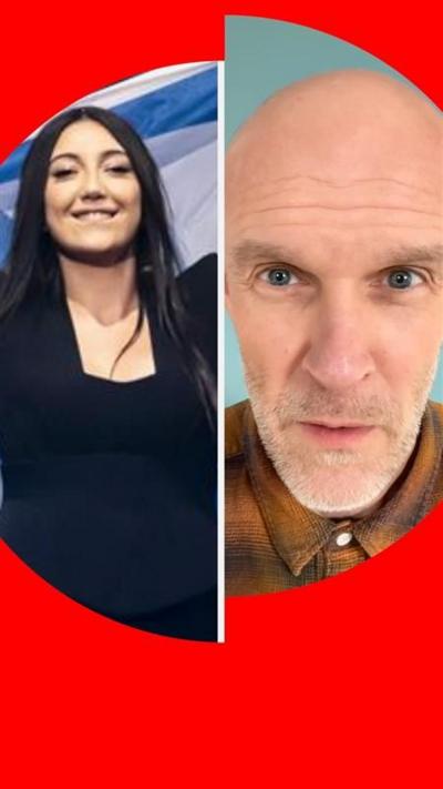 A split screen image. On the left: BBC's Colin Paterson. On the right: Israeli Eurovision winner Yuval Raphael.