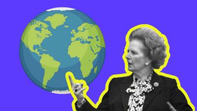 Image featuring Margaret Thatcher pointing at a globe