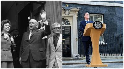 Photo montage of Harold Wilson at a polling station in 1973 and David Cameron outside Downing Street in 2016